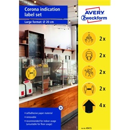 Avery 49415 20cm sárga 12db-os 5 féle koronavírus információs címke szett