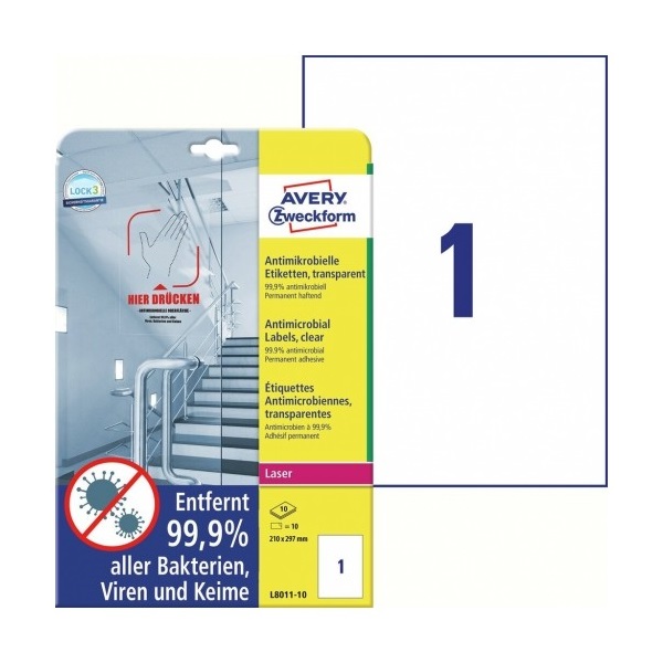 Avery L8011-10 antimikrobiális 210x297mm átlátszó fóliacímke