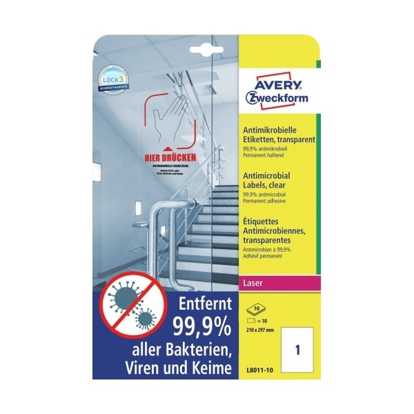 Avery L8011-10 antimikrobiális 210x297mm átlátszó fóliacímke