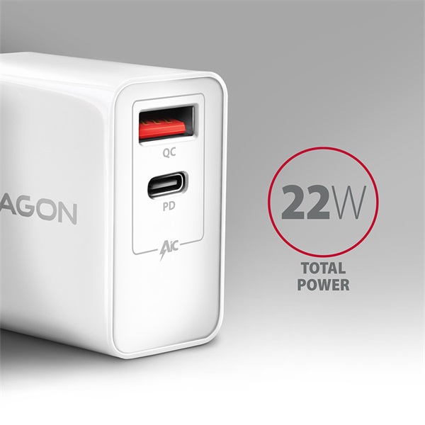 Axagon ACU-PQ22W QC3.0 + USB-C fehér fali töltő