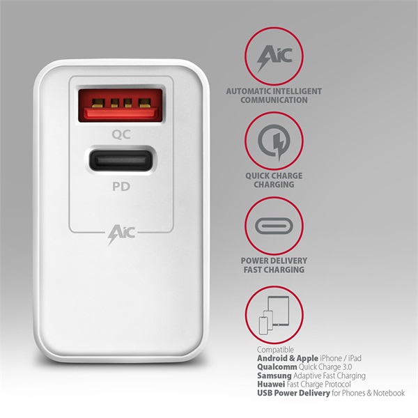 Axagon ACU-PQ22W QC3.0 + USB-C fehér fali töltő