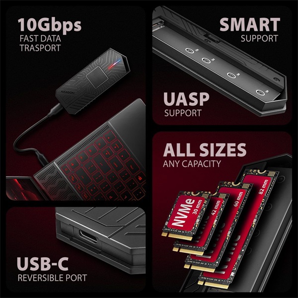 Axagon EEM2-GAM USB-C 10Gbps - M.2 NVMe & SATA külső SSD ház