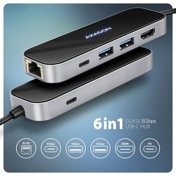 Axagon HMC-6GLN USB-C 5Gbps GLASS 6in1 hub