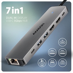 Axagon HMC-7HX2 USB-C 5Gbps DUAL 4K DISPLAY 7in1 hub