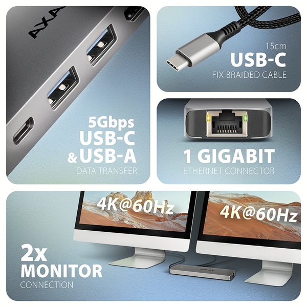 Axagon HMC-7HX2 USB-C 5Gbps DUAL 4K DISPLAY 7in1 hub