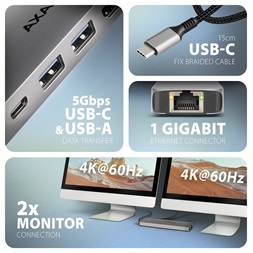 Axagon HMC-7HX2 USB-C 5Gbps DUAL 4K DISPLAY 7in1 hub