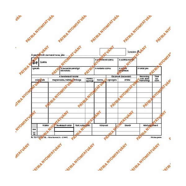 B.12-111/V A5 25x4 fekvő "Készletbevételezési bizonylat" nyomtatvány