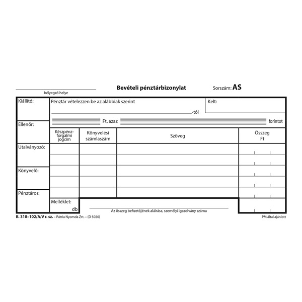 B.318-102/A/V 25x3lapos "Bevételi pénztárbizonylat" nyomtatvány