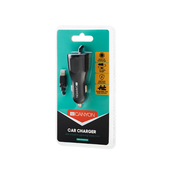 CANYON Autós Töltő, 1 portos, 1xUSB, 5V-2,4A, Beépített Lightning kábellel, fekete - CNE-CCA033B