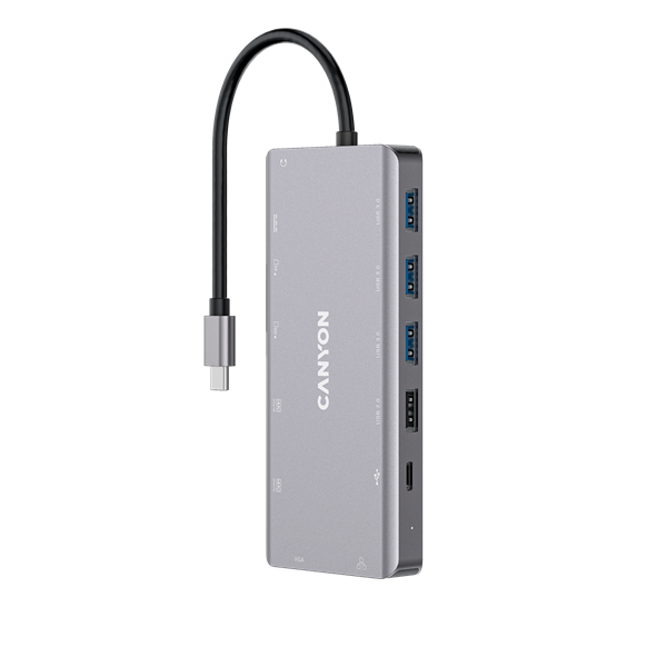 CANYON HUB 13-in-1, USB-C, 3xUSB3.0, 1xUSB2.0, 2xHDMI, VGA, Ethernet, Audio, SD/microSD, szürke - CNS-TDS12