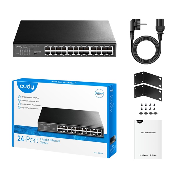 CUDY GS1024 24 portos Gigabit, VLAN/Extend mód, fém ház, fekete asztali Switch