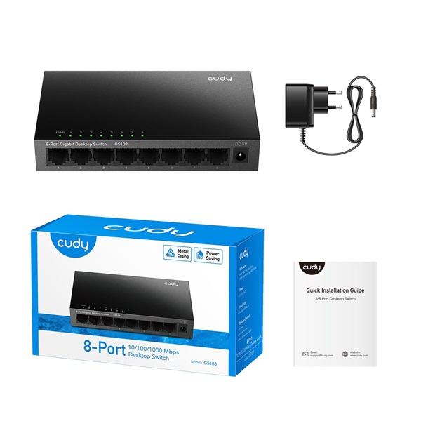 CUDY GS108 8 portos Gigabit, VLAN/Extend mód, fém ház, fekete asztali Switch