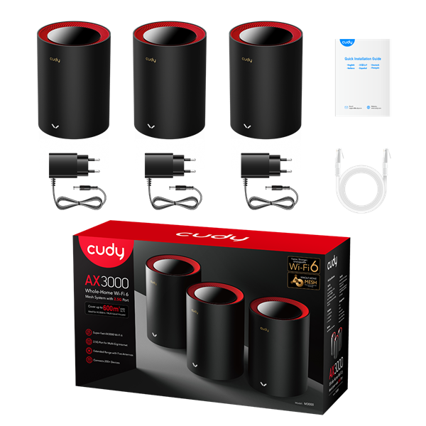 CUDY M3000(2-Pack) kétsávos AX3000 WIFI6 MESH fekete 2,5 gigabit router (2db-os szett)