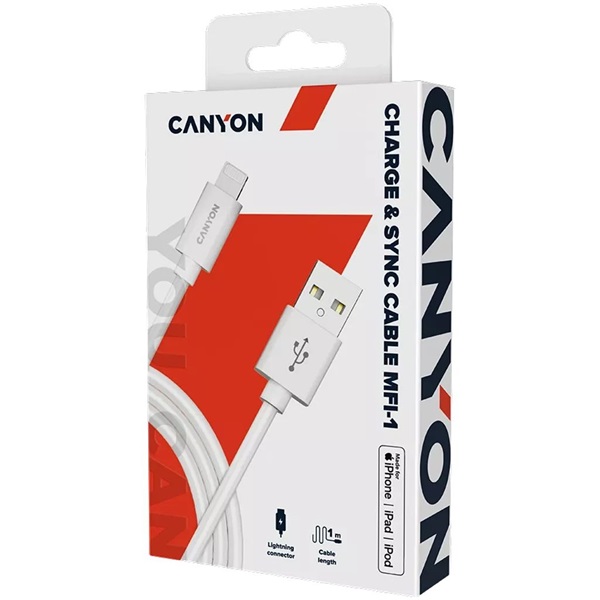 Canyon CNS-MFICAB01W 1m USB - Lightning fehér adat- és töltőkábel