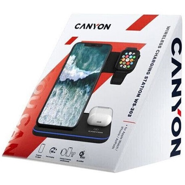 Canyon WS-303 3-in-1 15W univerzális vezeték nélküli töltő adapter fekete (Qi)