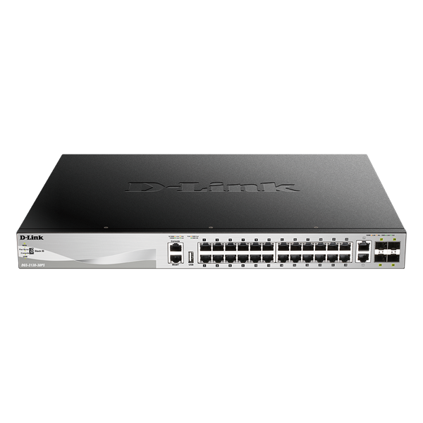 D-Link DGS-3130-30PS/E 24xGbE PoE LAN 2x10GbE LAN 4xSFP+ port L3 menedzselhető PoE switch