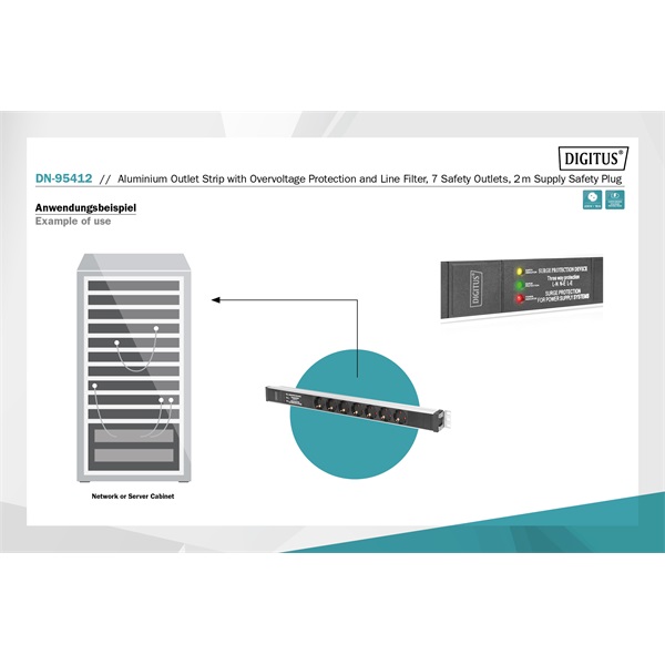 DIGITUS 1U PDU 230V 16A 7xCEE 7/3 aljzat CEE7/7 csatlakozó túlfeszültség védelemmel és vonalszűrővel 2M elosztósor