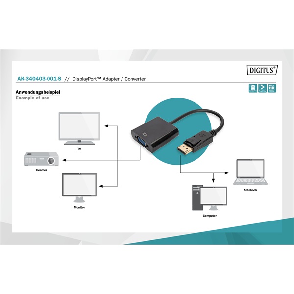 DIGITUS AK-340403-001-S VGA - Display port 0,15m átalakító kábel