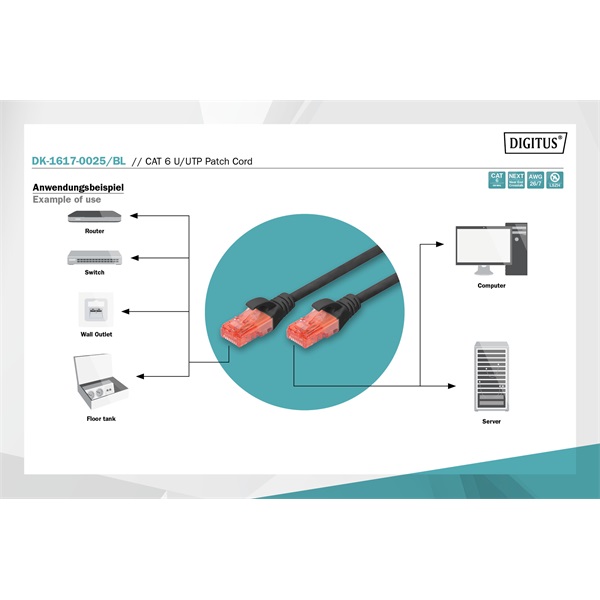 DIGITUS Cat.6 U/UTP LSZH 0,25m fekete patch kábel