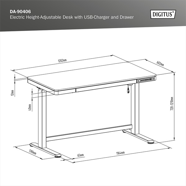 DIGITUS DA-90406 Elektromosan állítható magasságú fehér íróasztal USB-töltővel és fiókkal