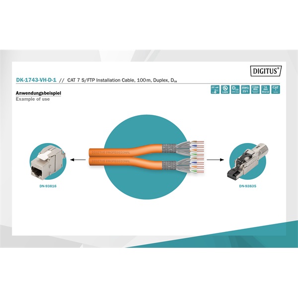 DIGITUS DK-1743-VH-D-1 Cat.7 S/FTP 1200MHz Dca LSZH 100m narancssárga fali kábel
