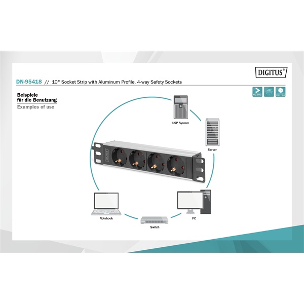 DIGITUS DN-95418 10" 1U hálózati elosztó 4 schuko aljzattal