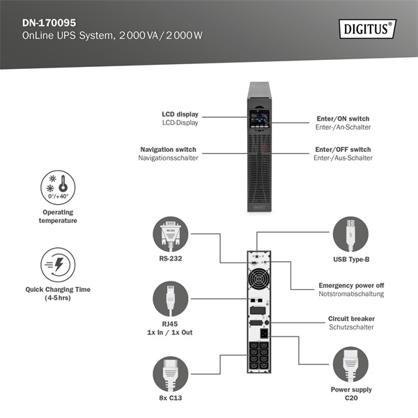 DIGITUS DN-170095 2000VA 2000W fekete online rack szünetmentes tápegység