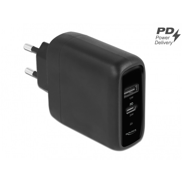 Delock 41455 USB-C PD 3.0 + USB-A 20W+12W hálózati töltő