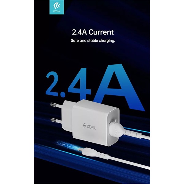 Devia ST361395 5V/2.4A Smart 2xUSB Hálózati töltő adapter + 1 m Lightning kábel