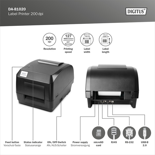 Digitus DA-81020 200dpi USB/RS232/LAN vonalkódnyomtató