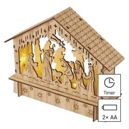 Emos DCWW34 15 cm 2x AA beltéri meleg fehér időzítős fa LED karácsonyi betlehem