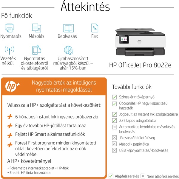 HP OfficeJet Pro 8022E All-in-One multifunkciós tintasugaras Instant Ink ready nyomtató