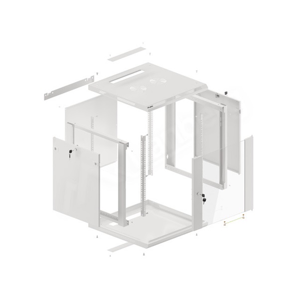 Lanberg WF01-6612-10S 19" 12U SZÉL:600 MÉLY:600 MAG:645 lapraszerelt üvegajtós szürke fali rack szekrény