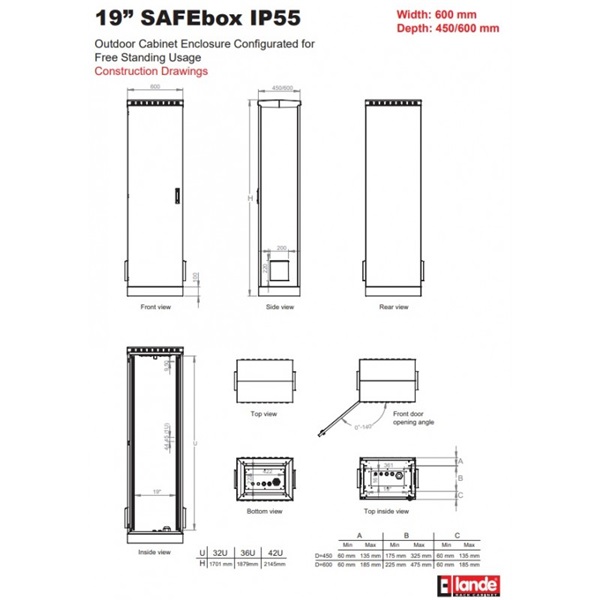 Lande LN-SBO-FS-IP5532U6060-LG SAFEbox 19" 32U 600x600 kültéri szürke álló rack szekrény