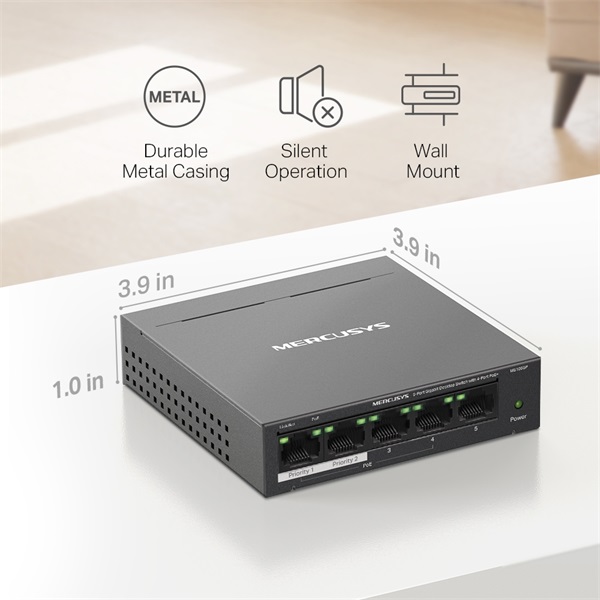 Mercusys MS105GP 5port 10/100/1000Mbps 4 port PoE+ nem menedzselhető asztali PoE+ Switch