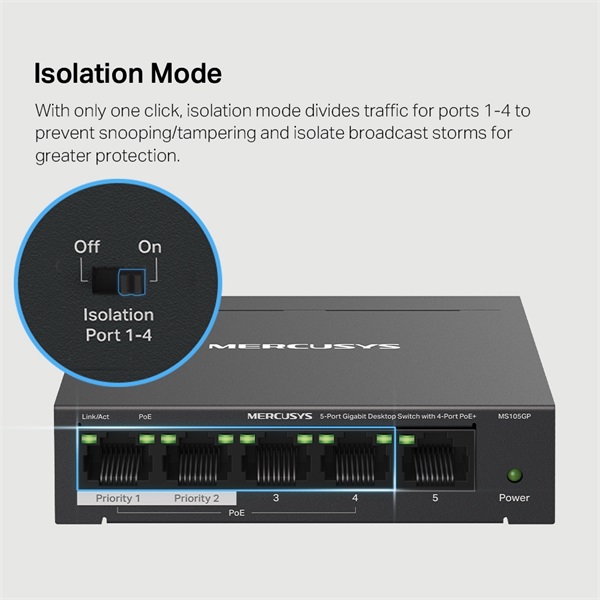 Mercusys MS105GP 5port 10/100/1000Mbps 4 port PoE+ nem menedzselhető asztali PoE+ Switch