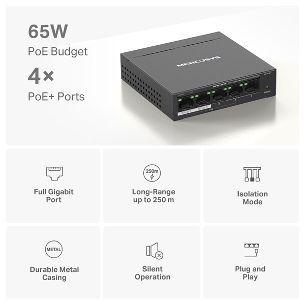 Mercusys MS105GP 5port 10/100/1000Mbps 4 port PoE+ nem menedzselhető asztali PoE+ Switch