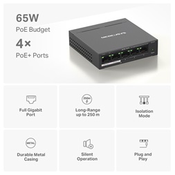 Mercusys MS105GP 5port 10/100/1000Mbps 4 port PoE+ nem menedzselhető asztali PoE+ Switch