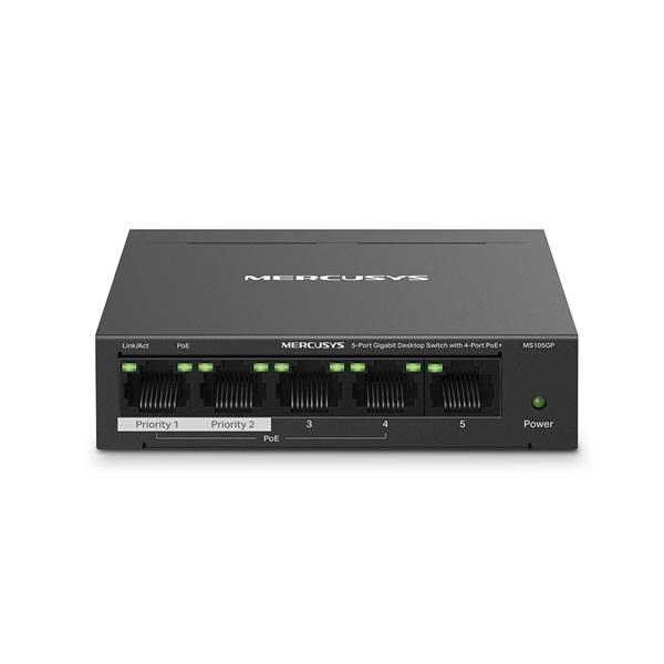 Mercusys MS105GP 5port 10/100/1000Mbps 4 port PoE+ nem menedzselhető asztali PoE+ Switch