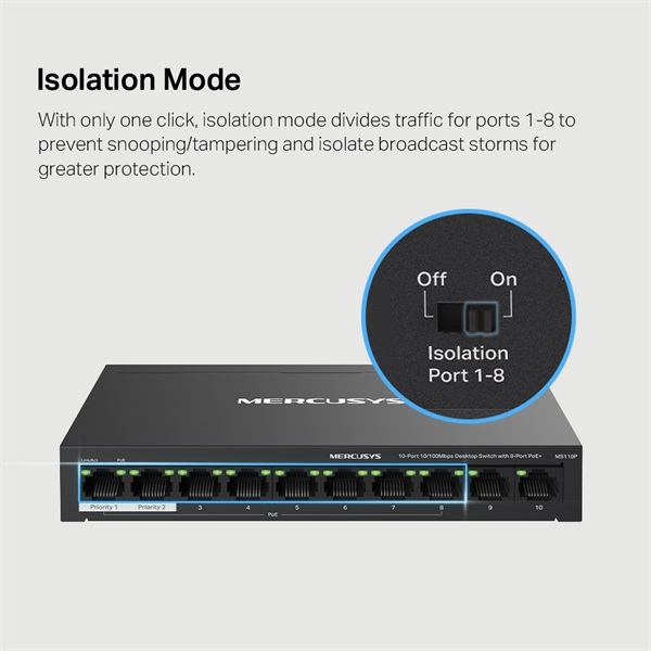 Mercusys MS110P 10port 10/100Mbps FE LAN 8xPoE+ LAN port nem menedzselhető asztali PoE+ Switch