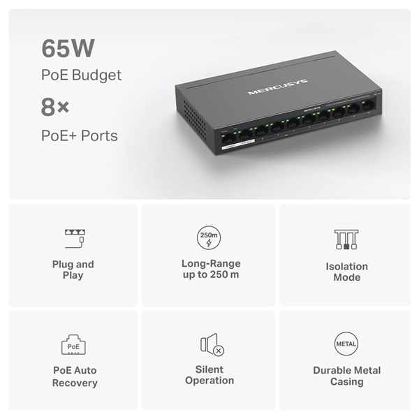 Mercusys MS110P 10port 10/100Mbps FE LAN 8xPoE+ LAN port nem menedzselhető asztali PoE+ Switch