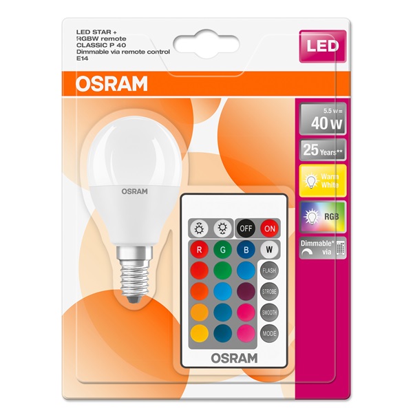 Osram Star+ RGBW/matt búra/5,5W/470lm/2700K/E14 távirányítható LED kisgömb izzó