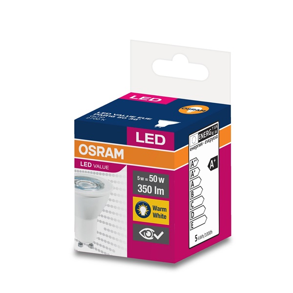 Osram Value PAR16 műanyag ház/5W/350lm/2700K/GU10/230V/36fok/70lm/W LED spot izzó