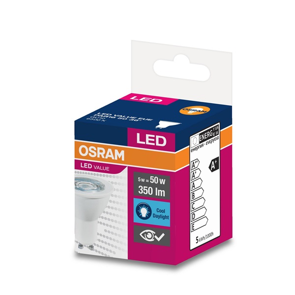 Osram Value PAR16 műanyag ház/5W/350lm/6500K/GU10/230V/36fok/70lm/W LED spot izzó