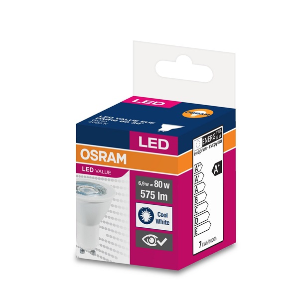 Osram Value PAR16 műanyag ház/6,9W/575lm/4000K/GU10/230V/36fok/83lm/W LED spot izzó