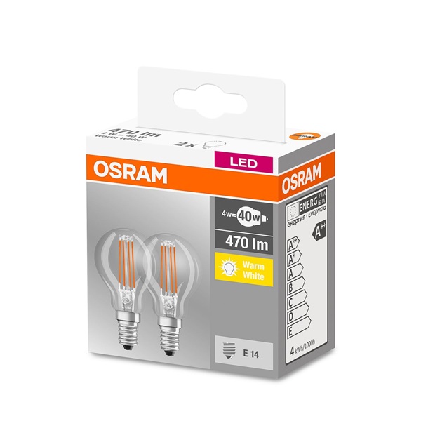 Osram Base átlátszó üveg búra/4W/470lm/2700K/E14 LED kisgömb izzó 2 db