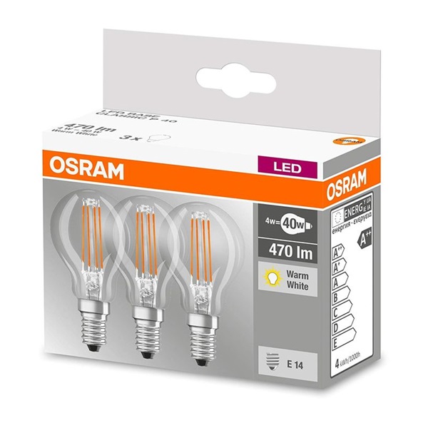 Osram Base átlátszó üveg búra/4W/470lm/2700K/E14 LED kisgömb izzó 3 db