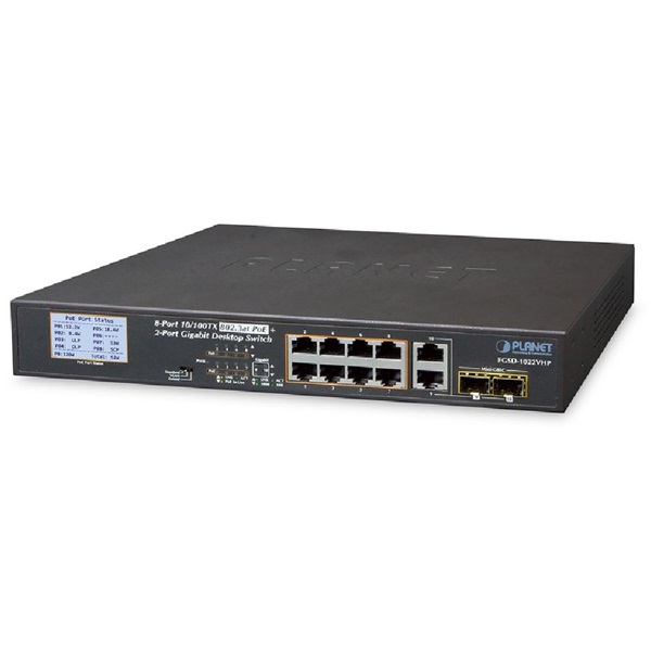 PLANET FGSD-1022VHP 19" 8port 10/100Mbps 2xSFP menedzselhető PoE switch