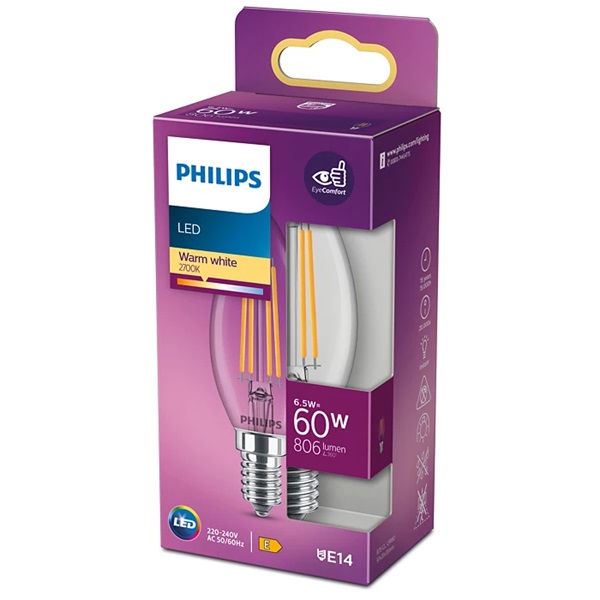 Philips 929002028055 E14 60W átlátszó meleg-fehér gyertya alakú LED fényforrás