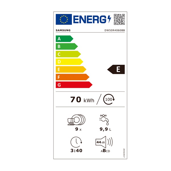 Samsung DW50R4060BB/EO beépíthető keskeny 9 terítékes mosogatógép